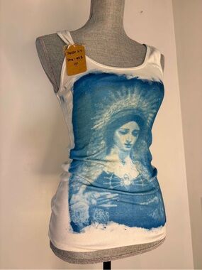 George White Tank Top with Blue Religious-Style Graphic